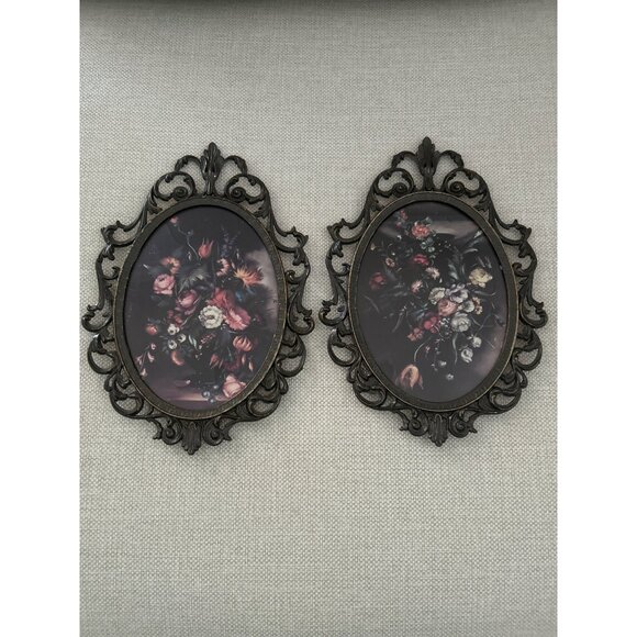 Set of 2 VTG Italian Ornate Oval Metal Frames Floral Prints Wall Hanging Baroque - Picture 2 of 12